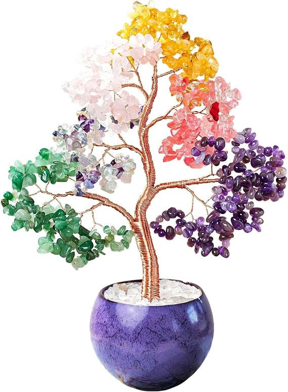 Lively Abundance Genuine Crystal Feng Shui Tree of Life Chakra Healing for Home Decor, Office Desk Decor Handmade Bonsai Trees for Positive Energy Gifts (Purple Base)