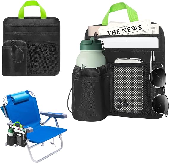 Beach Chair Cup Holder Attachment with Insulated Sleeve & 5 Pockets, Adjustable Armrest Organizer Caddy for Lawn Chairs, Camping, Stadium, Office (Black)