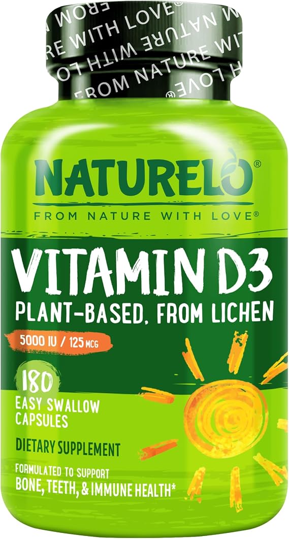 NATURELO Vitamin D - 5000 IU - Plant Based from Lichen - Natural D3 Supplement for Immune System, Bone Support, Joint Health - High Potency - Vegan - Non-GMO - Gluten Free - 180 Capsules