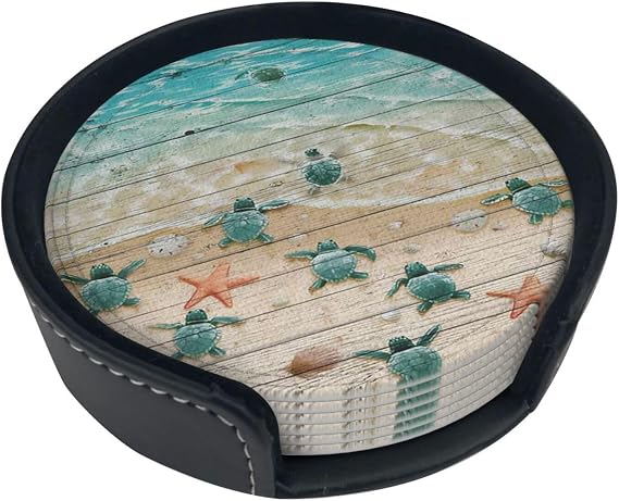 Sea Turtle Beach Printed Round Coasters Set of 6 Pack, PU Leather Heat-Resistant Coaster Set with Holder for Farmhouse, Home, Office & Coffee Bar Decor