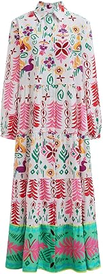 CHICWISH Women Button Down Shirt Dresses Exotic Printed Collared Long Sleeve Summer Casual Beach Long Dress