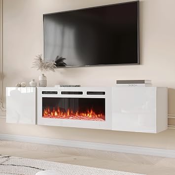 EROMMY 70'' Wall Mounted Floating TV Stand with 36'' Electric Fireplace, High Gloss Entertainment Center with Storage, 12 Flame Color Heater for TVs Up to 80'', All White TV Console for Living Room