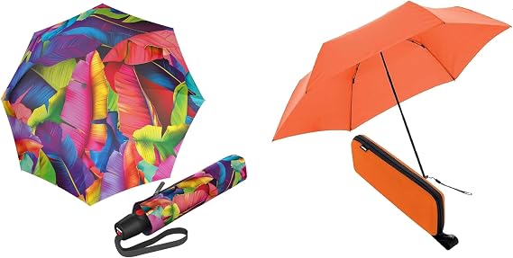 Knirps Emergency Pack - T.200 Duomatic Automatic Open Close Rain Umbrella & X4U Small and Compact Design for Travel and All Weather Protection with Travel Case, Palm Multicolor & Neon Orange