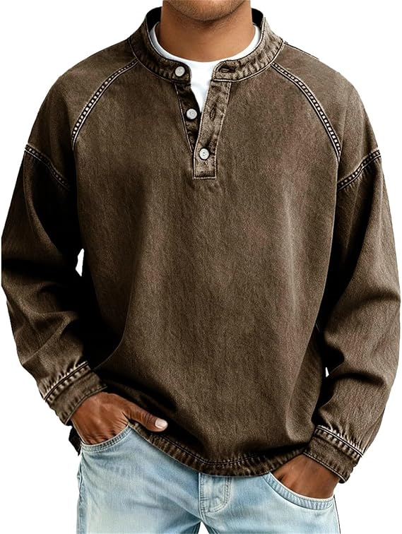 Men's Vintage Distressed Denim Henley Pullover Long Sleeve Raglan Sleeve with Button Placket