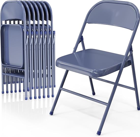 VINGLI Folding Chairs All Steel Metal Frame, Capacity 350 lbs, Durable Portable and Versatile for Indoor Outdoor Use, Darkblue, Set of 8