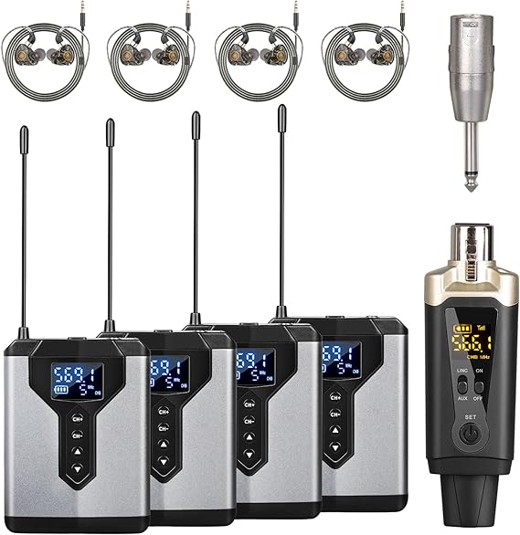 Depusheng T9-2 Wireless in Ear Monitor System with Transmitter Clip on Receiver Automatic Pairing in-Ear Monitoring for Studio,Guitar,DJ,Live Performance (4 Receivers + 1 Transmitter)