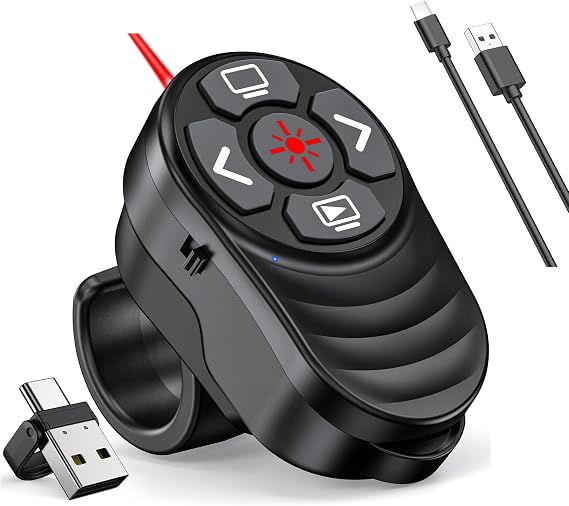 2 in 1 Presentation Clicker with Laser Pointer Finger Ring Clicker Rechargeable Presentation Clicker Long Distance PPT Clicker Remote Wireless Clicker Laser Pointer for Classroom Teacher Projector
