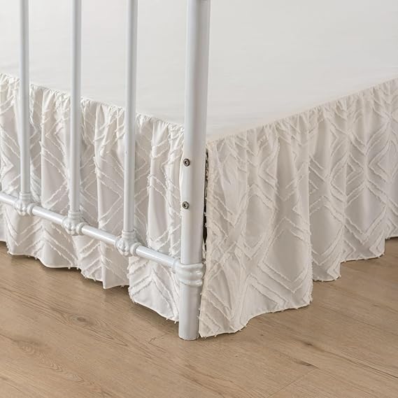 Tufted Bed Skirt King Size - Ruffled Bed Skirts with Split Corners | King Bed Skirts 14 Inch Drop with Platform, Tufted Polka Dots, Ivory, 14" King