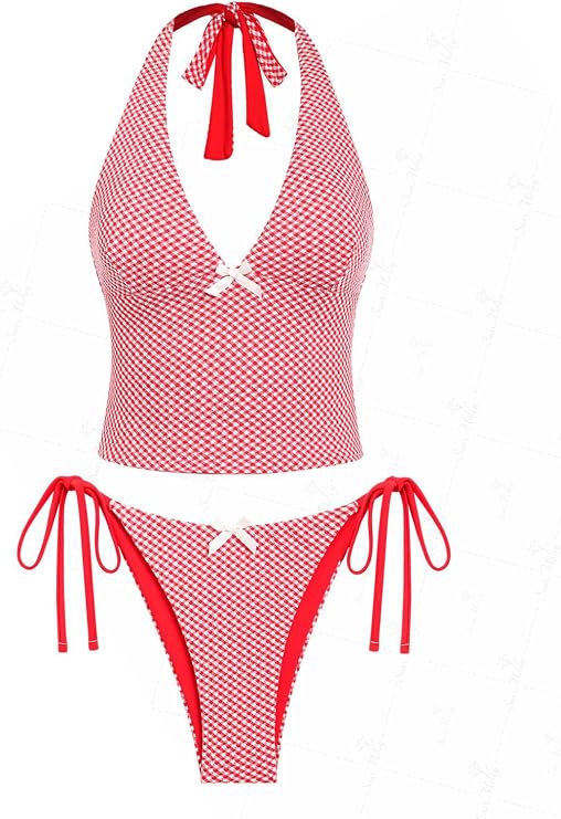 seamoly Vintage Eyelet Jacquard Textured Bowknot Decor Halter Tie Side Tankini Set