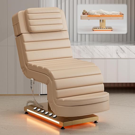 Paddie Luxury Heated Fully Electric Esthetician Bed, 550lbs Lash Massage Table with LED Lights, Motorized Height & Angle Adjustable for Spa & Treatment, Length Adjustable, Khaki Pink