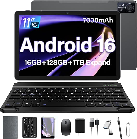 11 Inch-Android 16 Tablet 2026 Latest Update 16GB RAM 128GB ROM 1TB Expandion 5G WiFi Cellular 21MP Dual Camera Octa-core MTK8786.Gemini AI 2.0.Tablets with Keyboard,Mouse,protective film,Case-Gray