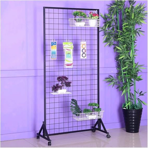 Floor Standing Gridwall Mesh Display Panel, Retail Display Stands, Florist Market Fair Shop Nursery Storage Rack with Wheel, Home Shopfitting Grid Mesh,Black-60x100CM