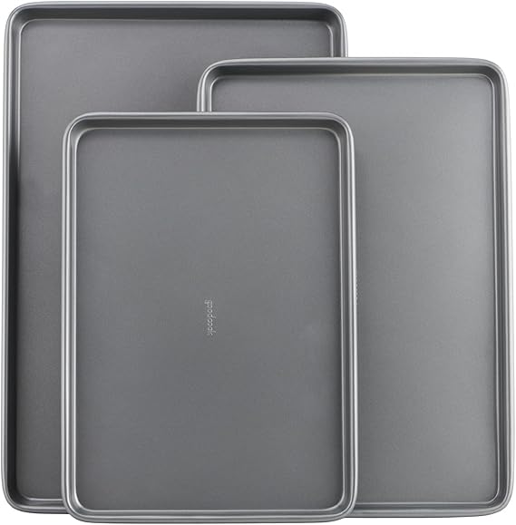 GoodCook Everyday Nonstick Baking Sheet Set, 3 Pack Includes Small (139) Medium (151) and Large (1711) Pans Carbon Steel Construction Cookie Sheets Bakeware Set, Gray