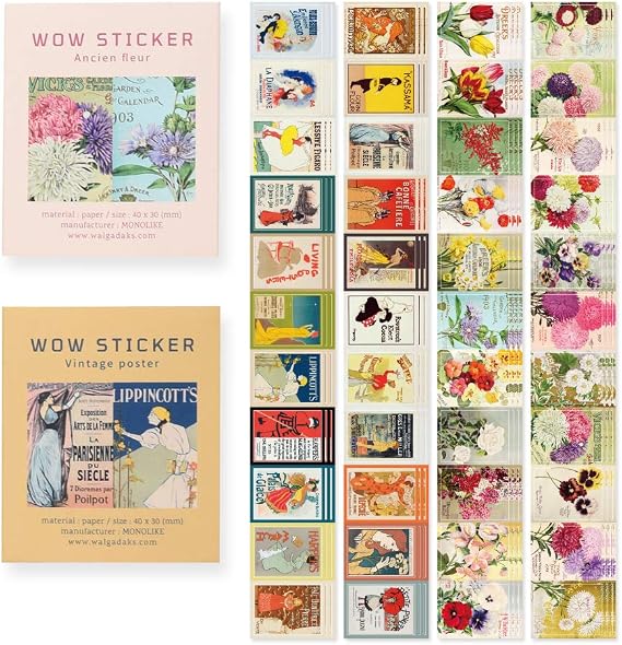 Monolike Wow Sticker Ancien Fleur + Vintage Poster Set - Mini Size Cute Stickers, Square Stickers