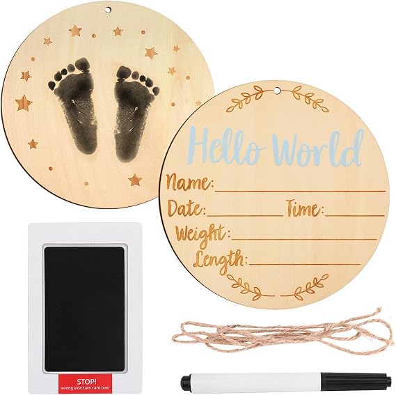 Baby Announcement Sign, 5.9 Inch Round Baby Nursery Name Signs with Ink Pad for Hand and Footprints Wooden Hello World Newborn Sign for Photo Prop(Blue)