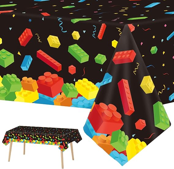 chiazllta 3 Pcs Building Blocks Tablecloth 105 x 54 inches - Building Blocks Theme Party Decorations Disposable Plastic Table Cover for Children Kids Birthday Party Decor Supplies Favors (Black)