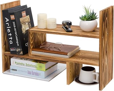 Adjustable Extendable Natural Wood Desktop Organizer Caddy Desk Organizer Countertop Shelf Bookcase Display Stand Rack Expandable Storage Office Home Dark Brown