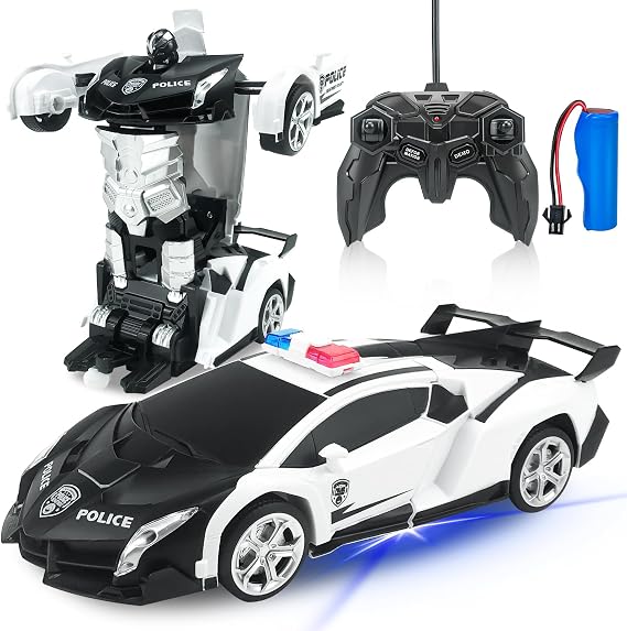 RC Car, Transformation, Robot Car, Toy, Police Car, Toy, Stunt Car, Robot, Equipped with LED, 360 Degree Rotation, Remote Control, RC Car, Model Car, For Children, Birthday, Christmas Gift Black and White