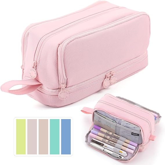 Large Capacity Pencil Case, Pencil Pouch with Sticky Note and 4 Compartments Multifunctional Stationery Organizer for Girls Boys, Office Makeup Bag Portable Pen Bag for Students Women Men (Pink)