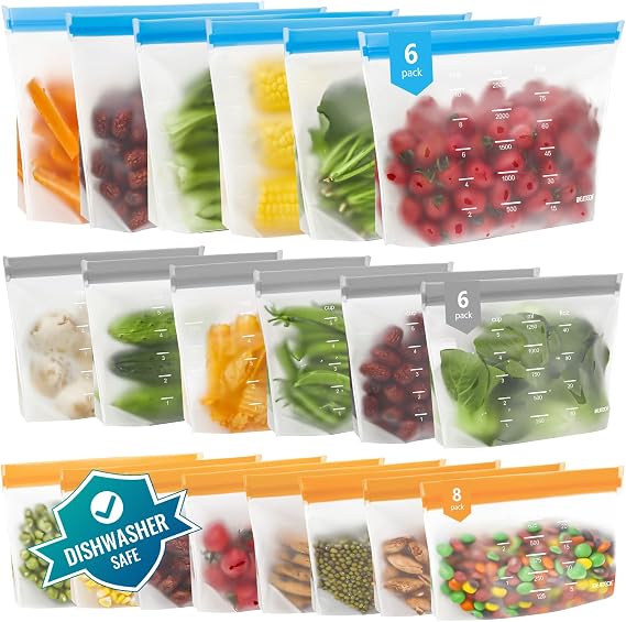 IDEATECH Reusable Freezer Bags 20 Pack Gallon Silicone Food Storage Leakproof Stand Up Pouches BPA Free Dishwasher Safe Plastic Zip Lock Batch Cooking Meal Prep