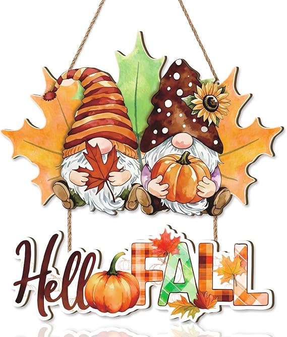 Hello Fall Door Sign Gnomes,Fall Gnome Wreath for Front Door,Welcome Autumn Sign,Thanksgiving Wall Decoration,Pumpkin Wall Hanging Maple Leaves Plaque for Outdoor Farmhouse Porch Yard Home