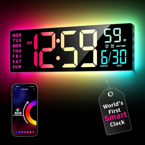 EASYERA Smart Digital Wall Clock App Control, 16.5 Large RGB Clock