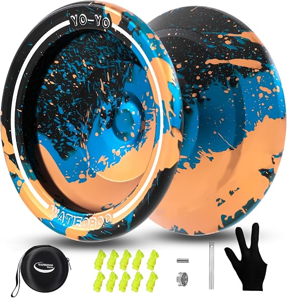 Yoyo Responsive Yoyos for Beginners,Professional Unresponsive Yo Yo for Adults Pro Metal Trick Yo-yo with Bearing Kit 10 Strings, Case & Gloves (Black Blue Orange)
