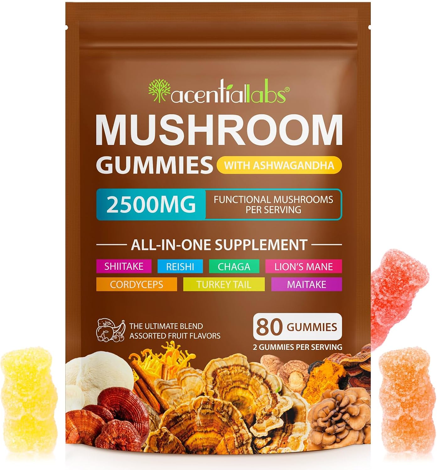 Lions Mane Mushroom Gummies Supplement Blend Organic Reishi, Cordyceps & More, Boosts Energy, Memory, Immunity - 80 Gummies 1