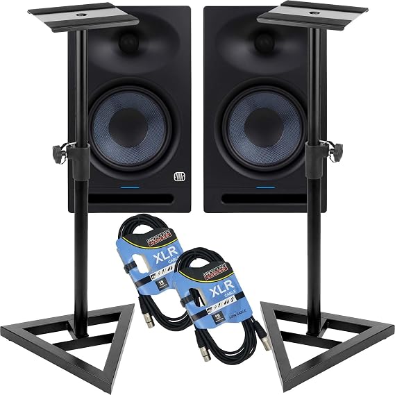 (2) Eris Studio 8 8-inch Powered Studio Monitor, Monitor Stands, (2) XLR Cables Bundle