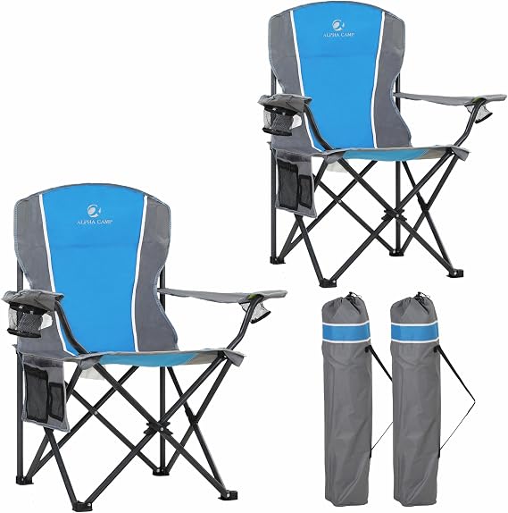 LET'S CAMP Oversized Outdoor Folding Camping Chair Heavy Duty Arm Chairs | 2 Pack Lawn Chair with Cup Holder and Storage Bag, 350 LBS Weight Capacity, Blue
