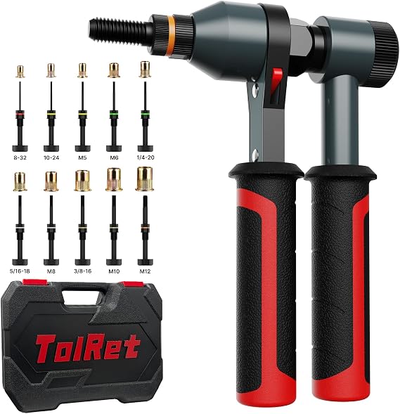 TOLRET Rivet Nut Tool Kit, Rivnut Tool Kit with 10 Metric and SAE Mandrels
