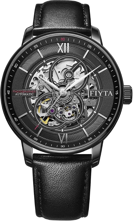 FIYTA Photograph Mechanical Automatic Watch, Large Hollowed-Out Transparent Dial, Synthetic Sapphire, Leather/Stainless Steel Strap Watch for Men