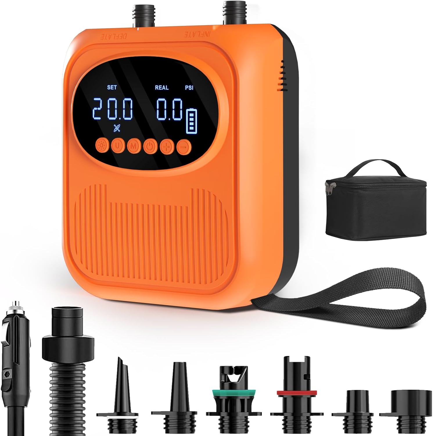 Mojimdo Electric SUP Pump 20PSI with Light, Rechargeable Paddle Board Pump 5 Modes & Custom Mode, Dual Stage Fast Inflation & Auto-off with 12V DC Car Charge for Paddleboard, Tent, Mattress