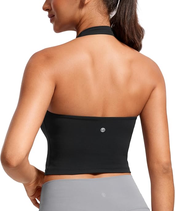 CRZ YOGA Butterluxe Halter Crop Tank Tops | Built in Bra, Light Support, Removable Pads, Yoga, Extremely Soft, Open Back, Longline Sports Bras for Women