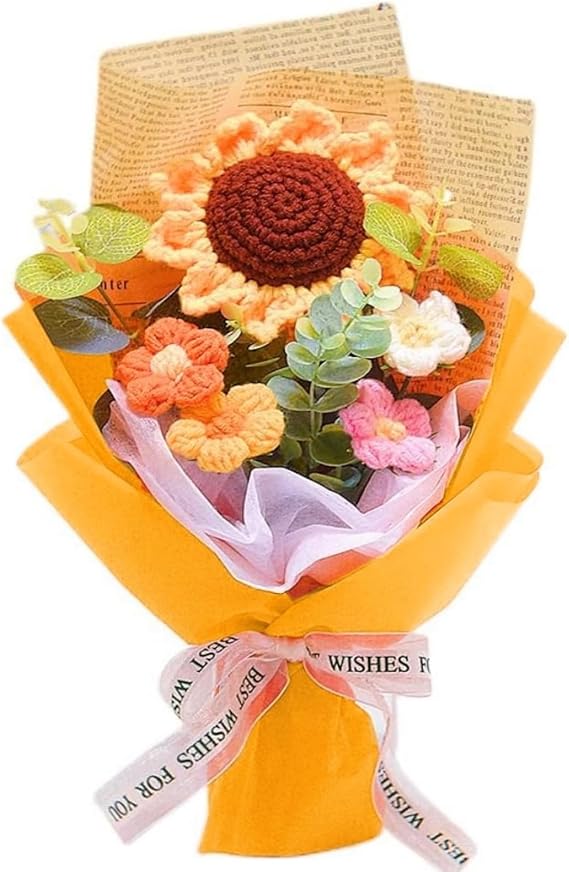 Crochet Flowers Bouquet,Handmade Knitted Bouquet, Crochet Flower Kit Knitted Fake Sunflower Daisy, Preserved Ramo De Flores Gift for Mother's Day Friends Daughter Wife on Birthday Anniversary