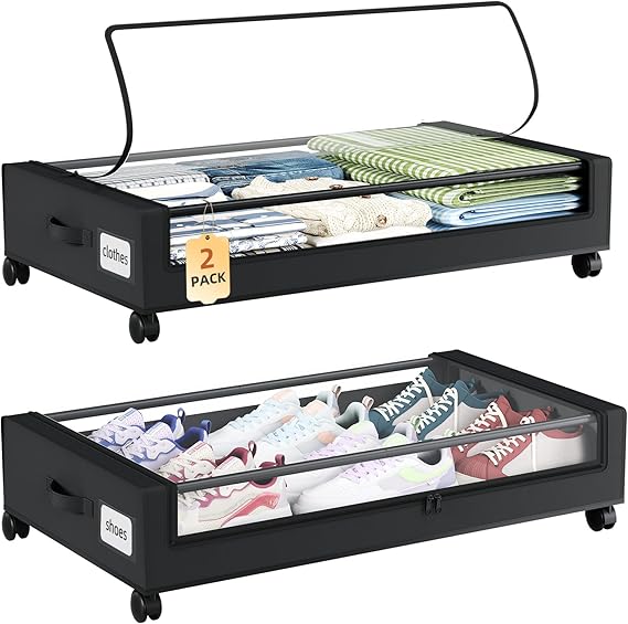 Somdot 48L Under Bed Storage Box, Large Capacity Under Bed Storage on wheels with Lid and Zip, Foldable Organiser for Clothes Bedding and Shoes, Black, 2 Pack | Under Storage with Clear Top, Containers for Clothes and Shoes, Storage Under Bedroom and Closet,