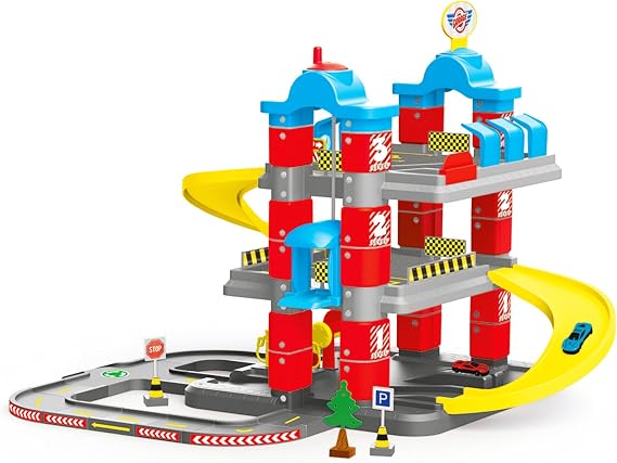 DOLU Full 3-Storey Car Park, Multi-Level Toy Garage Playset with Elevator, Ramps Track and 2 Metal Cars for Kids and Toddlers Ages 3+
