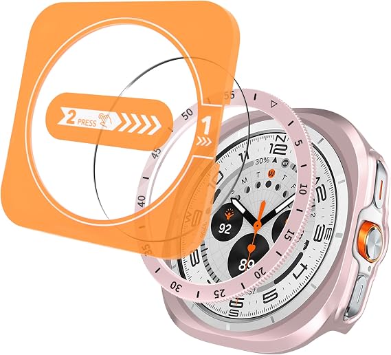 for Samsung Galaxy Watch Ultra 47mm 2024 3 in 1 Accessory, HD Tempered Glass Screen Protector, Hard PC Case and Bezel Protector Ring for Galaxy Watch 7 Ultra Black with Scales-Rose Gold