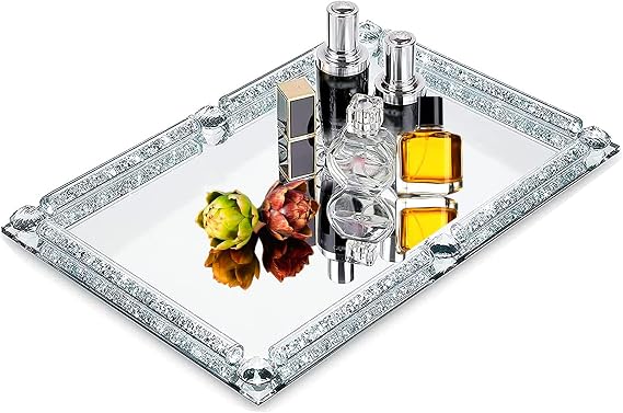 Crystal Glass Tray, Modern Mirror Jewelry Dresser Trinket Trays with Crushed Diamond, 11.8 x 7.9Rectangular Makeup Perfume Tray for Bathroom Bedroom, Home Decor, Hotel Banquet, PartySilver