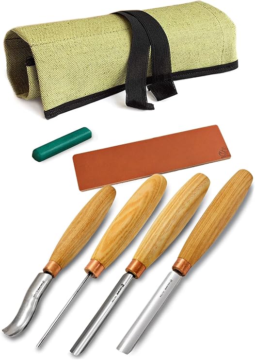BeaverCraft Wood Carving Gouges Chisels Kit SC01 - Wood Spoon Carving Chisel Set - Whittling Tools Includes Radial Gouges, Flat Chisel, Bent Gouge, Leather Strop & Rolling Pouch