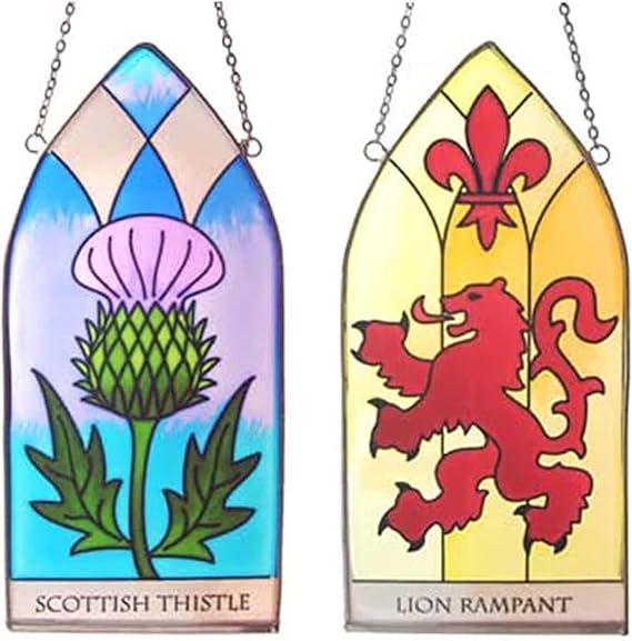 Royal Tara Sotland Gothic Stained Glass Panels Set of 2 Thistle and Lion Rampant Symbols Window Hanging Suncatchers