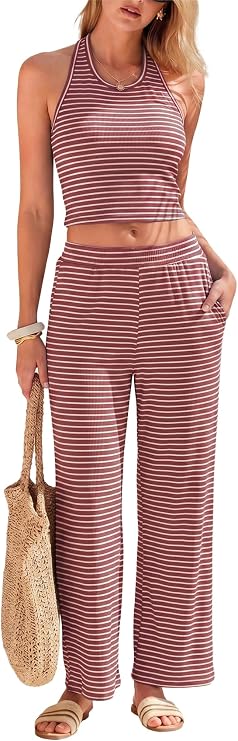 Womens 2 Piece Sets Striped Halter Open Back Top Wide Leg Pants | Soft breathable stretch fabric with pockets,easy to mix or match for beach,brunch,airport travel,resort,and casual outings.