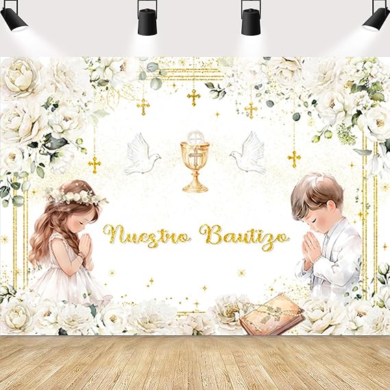 MEHOFOND 7x5ft Nuestro Bautizo Baptism Backdrop for Boy and Girl Siblings White Floral First Holy Communion Banner God Bless Christening Party Photography Background Banner Sign Photo Booth Props