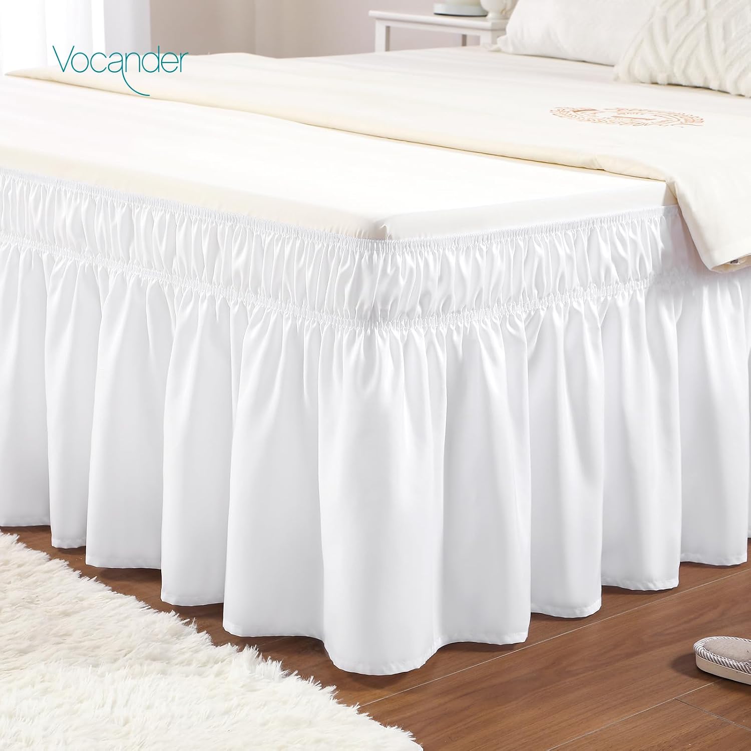 Vocander Valance Sheet King Size White, Bed Skirt Pleated Wrap Around 152 × 200 cm for King Beds, Easy to Install Machine Washable