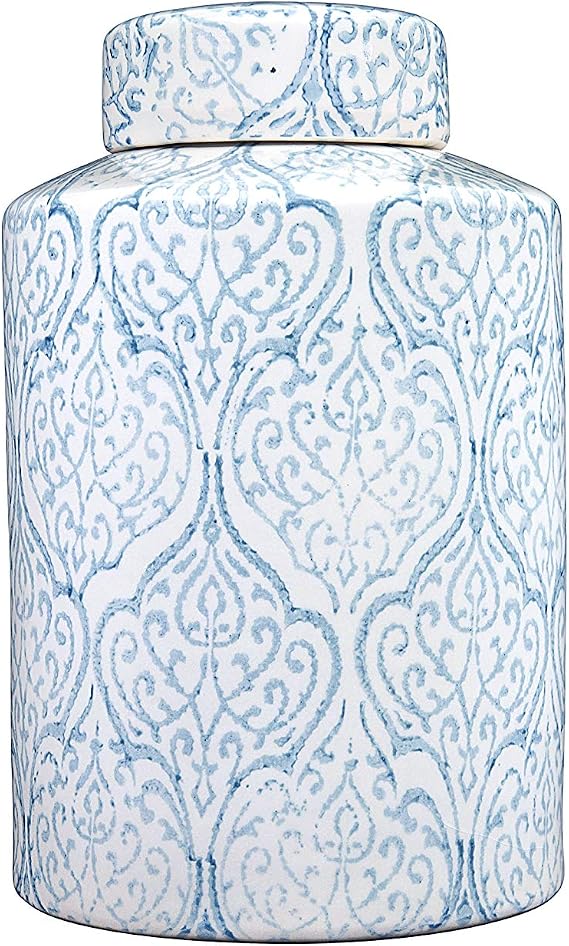 Creative Co-Op Tall Decorative Ceramic Ginger Jar with Lid, Blue and White Floral Pattern
