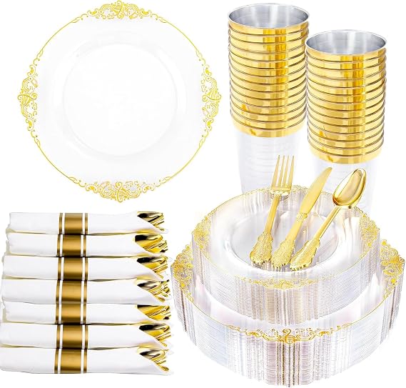 Hioasis 210 Pcs Clear Gold Plates for Party
