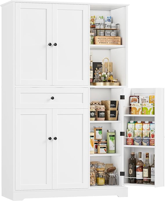 FirFurd Kitchen Cupboard Tall Kitchen Cabinet with Spice Rack & Doors White | Pantry Cupboard with 5 Doors & 2 Open Shelves, Sideboard Storage Cabinet Free Standing, Dining Room Furniture, 173x104x40cm
