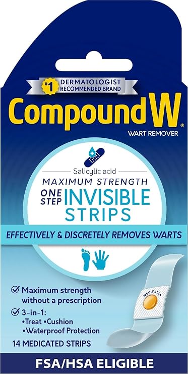 Compound W Maximum Strength One Step Invisible Wart Remover Strips, 14 Count