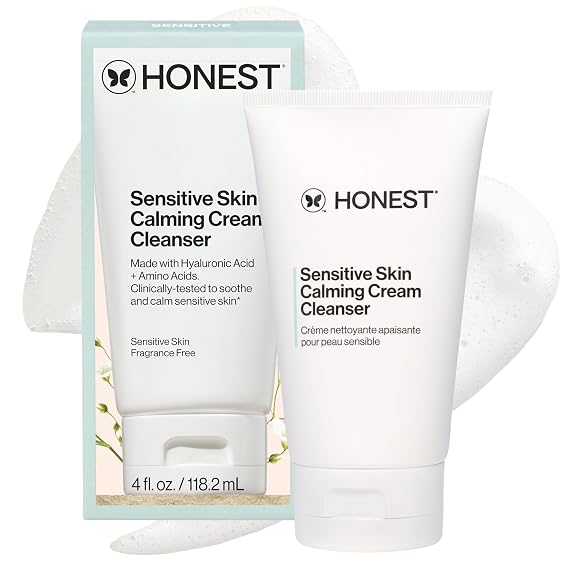 Honest Beauty Sensitive Skin Calming Cream Cleanser, Gently Cleanses Hydrates Calms, Hypoallergenic, Fragrance-Free, Vegan, 4 fl oz