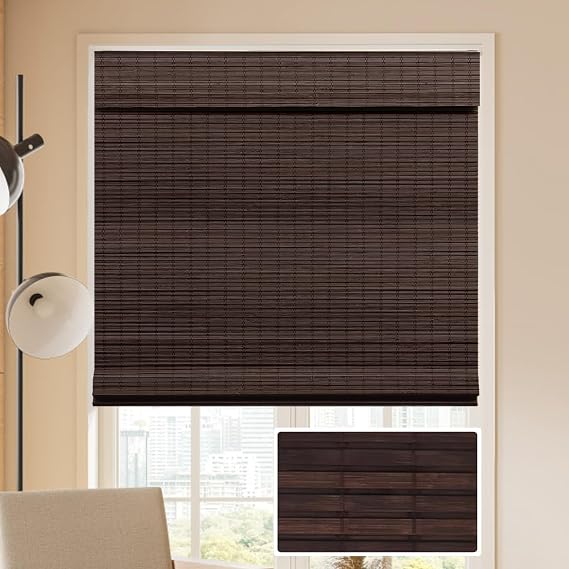 LUCKUP Cordless Bamboo Roman Blinds Shades for Indoor Windows-Blackout Room Darkening Roman Blinds with 6" Valance Cover Enhanced Privacy, 28" W x 64" H